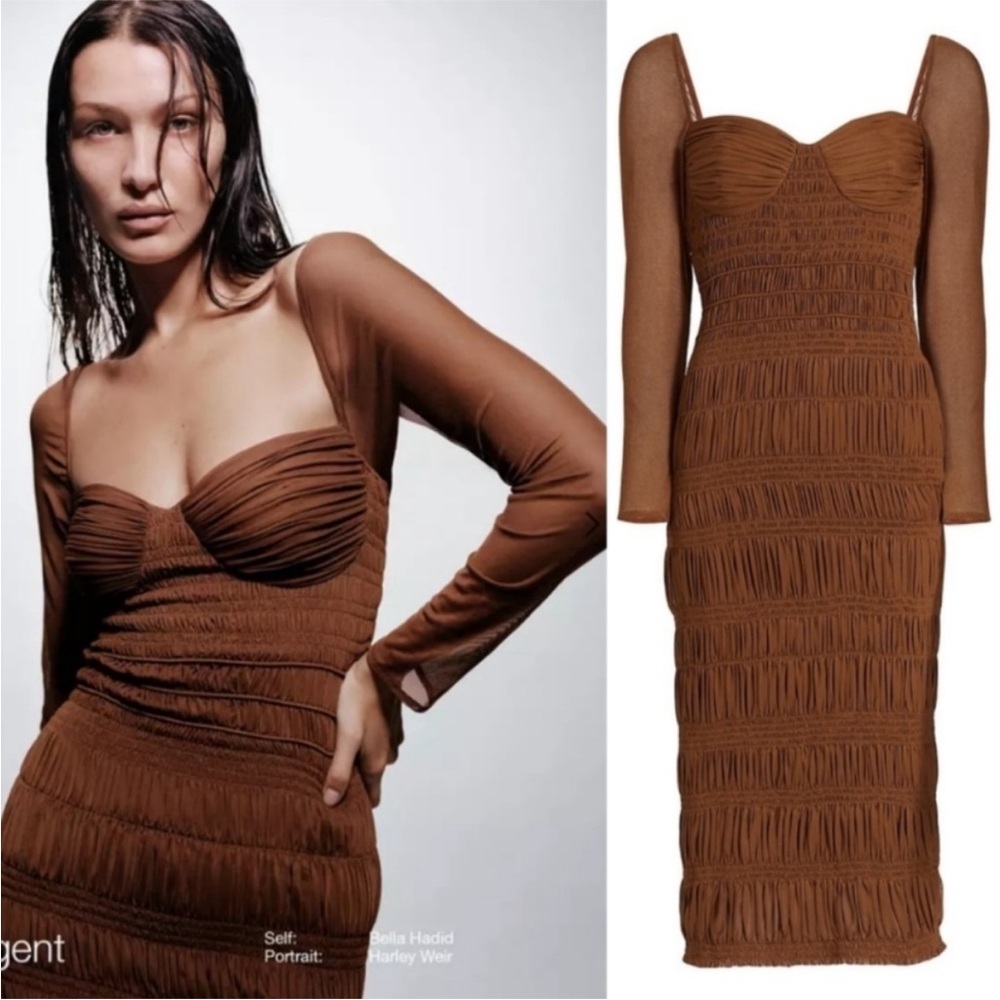 Self-Portrait Dress Shirred Power Mesh Midi in Caramel Tan
